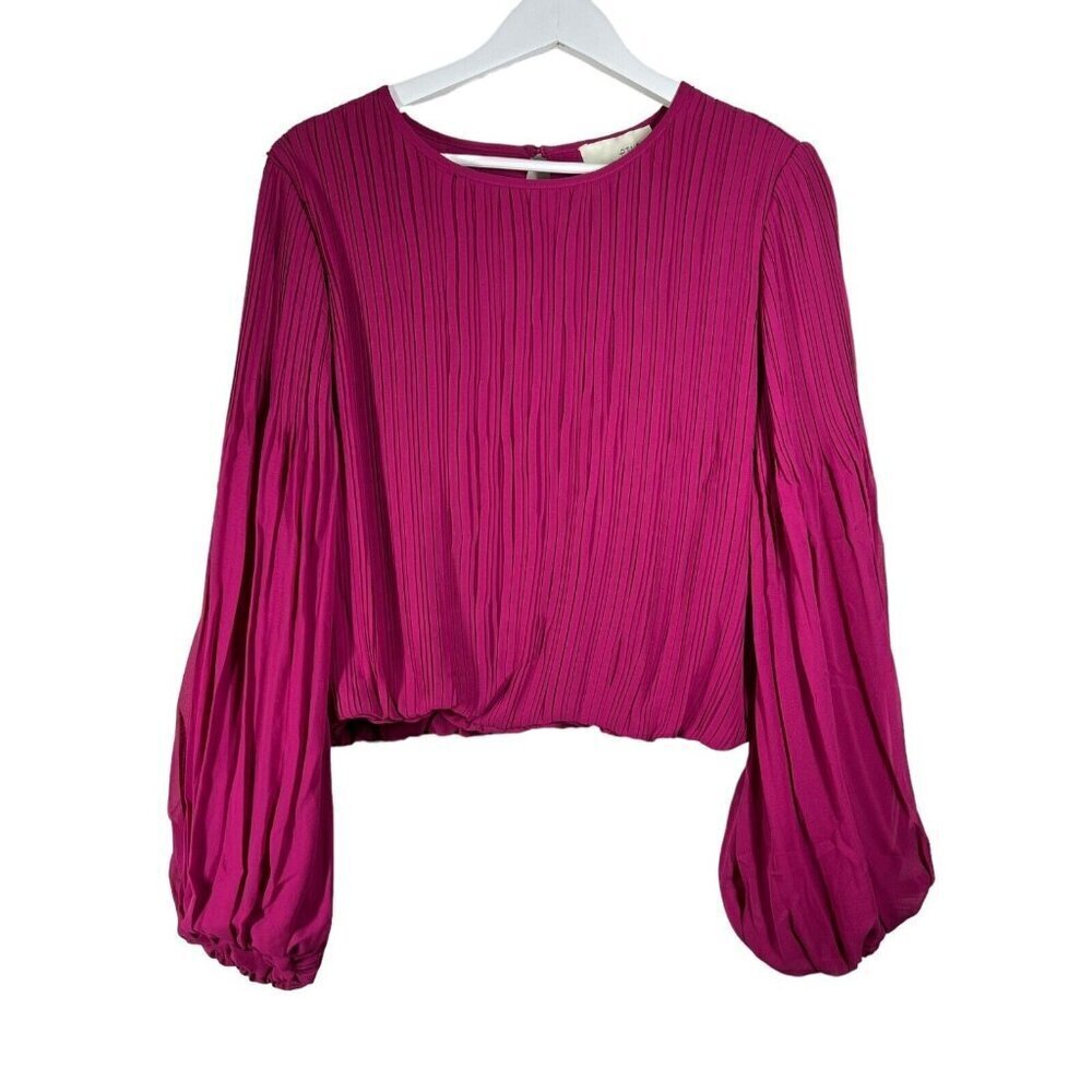 Pinch Pleated Cropped Blouse‎ Top Size L Fuchsia Pink Balloon L/S Chiffon NWT